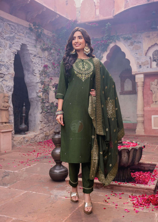 BOTTLE GREEN KURTI PANT WITH HEAVY EMBROIDERY