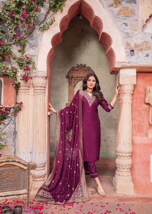 MAROON KURTI PANT WITH HEAVY EMBROIDERY